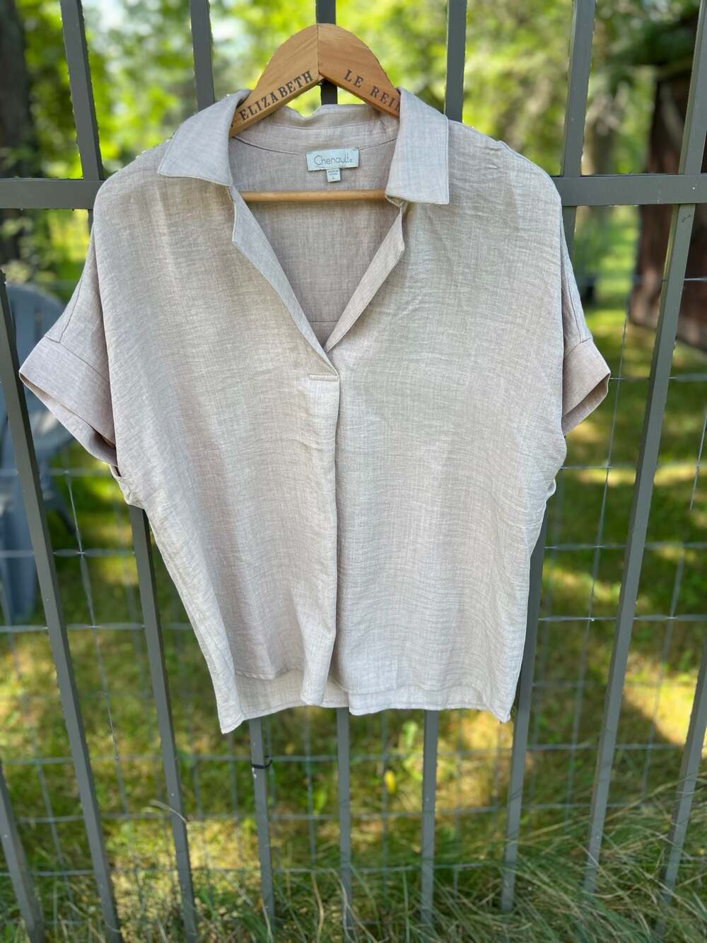Chenault Beige Linen Short Sleeve V-Neck Button Front Shirt
